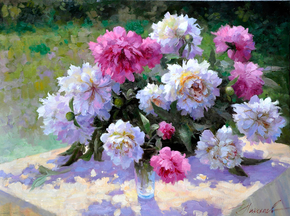  художник  Николаев Юрий, картина В саду. Пионы