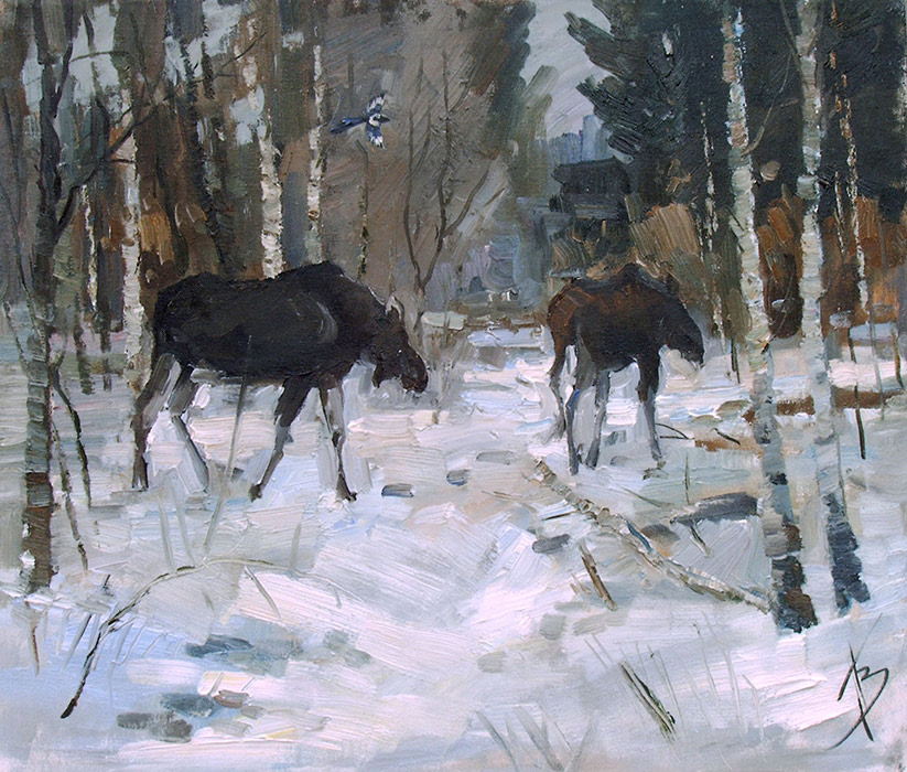  художник  Веселкин Павел, картина Лоси в лесу