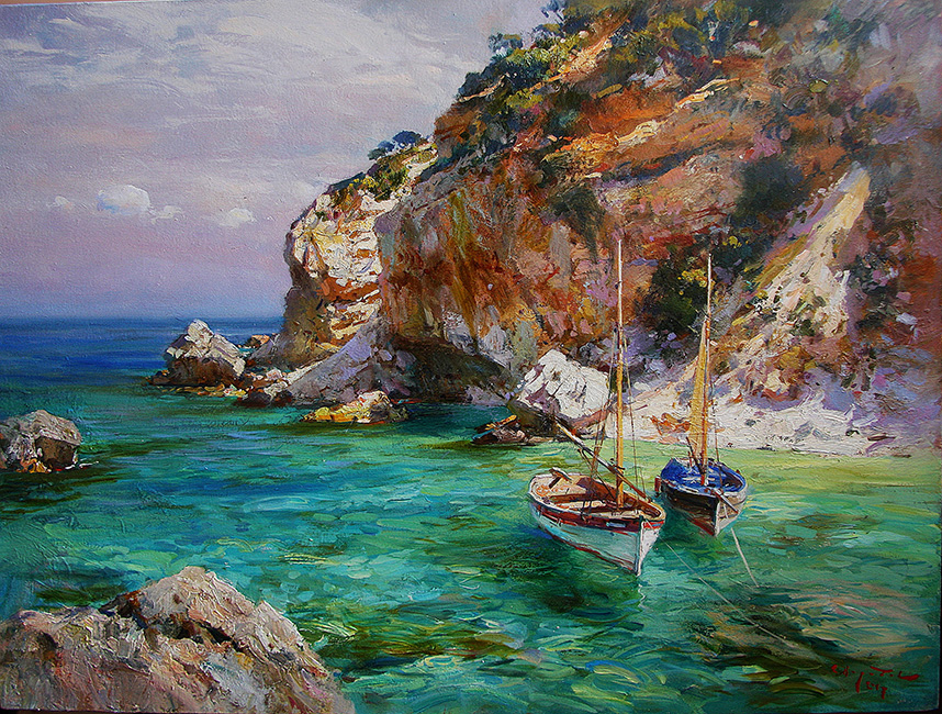  художник  Свиридов Сергей, картина Лодки в бухте