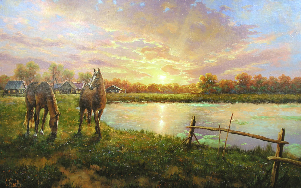  художник  Боев Сергей , картина Летний вечер в деревне