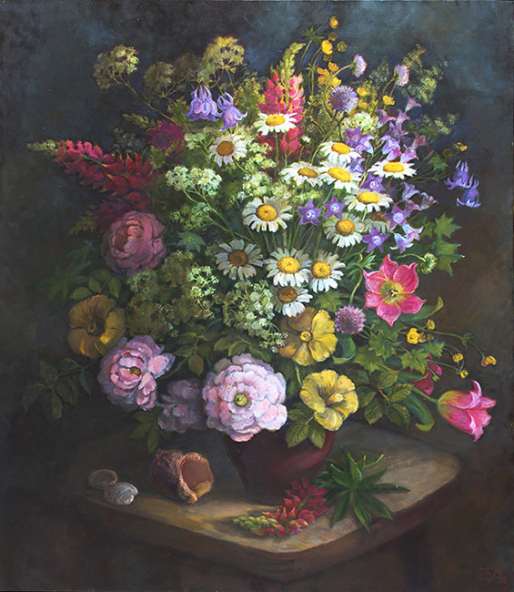  художник  Шумакова Елена, картина Букет с розами и ромашками