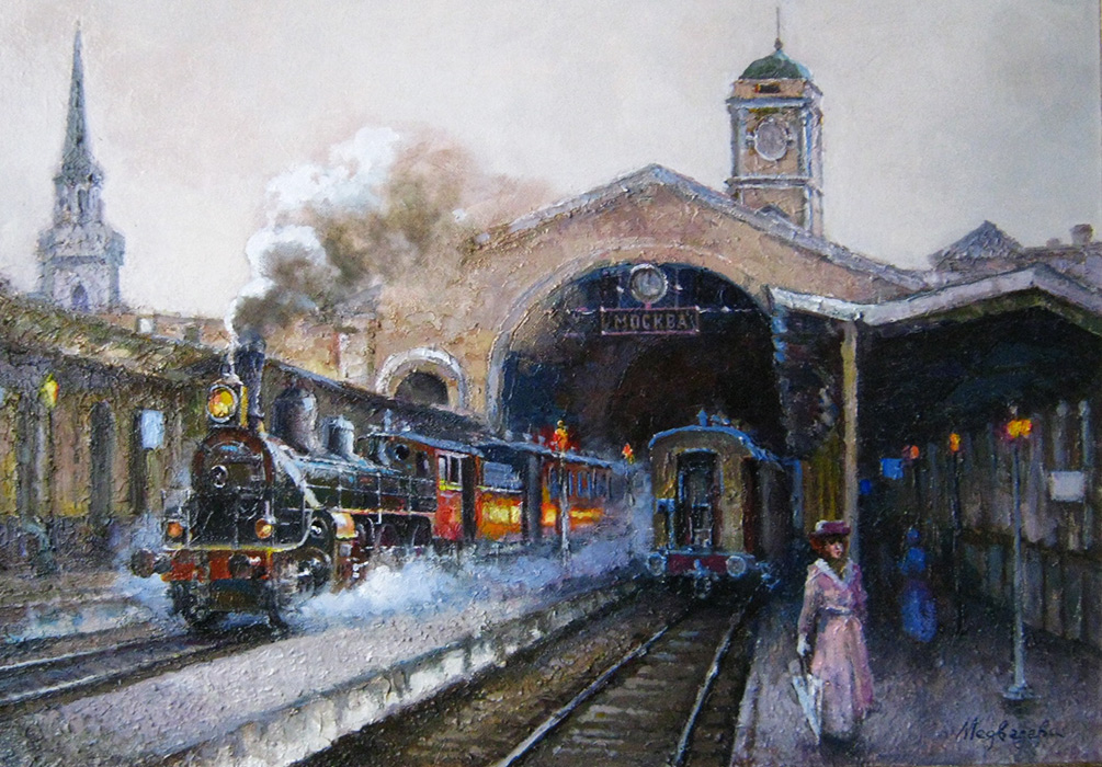  художник  Медведева Ольга, картинаПаровозы на Николаевском вокзале
