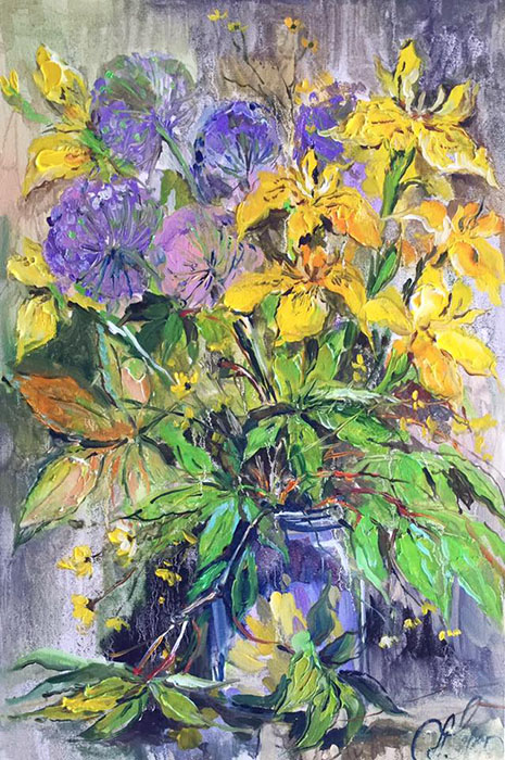  художник  Чарина Анна, картина Желтые ирисы и  листья  винограда 