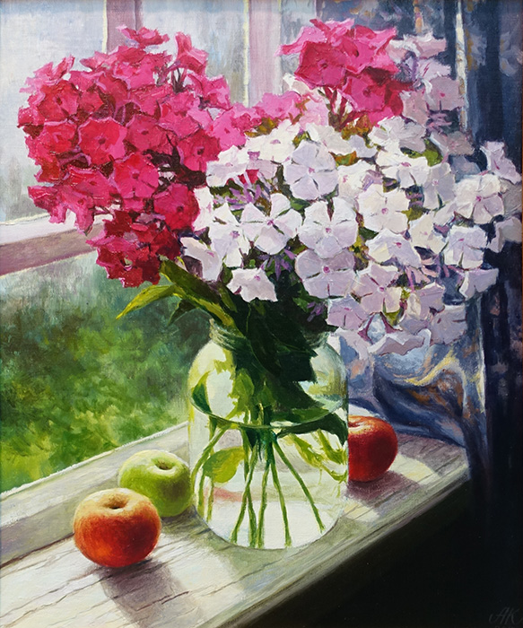  художник  Каркаев Алексей, картина Флоксы и яблоки на окне