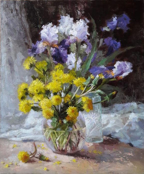  художник  Николаев Юрий, картина Ирисы и одуванчики в вазе