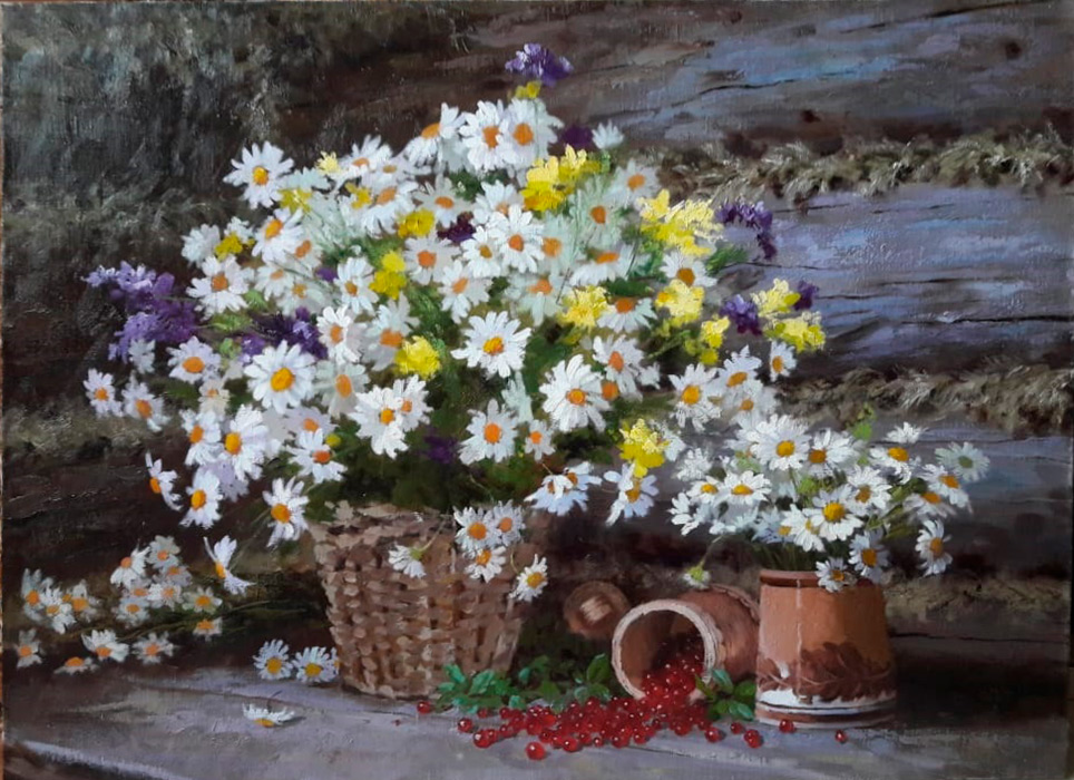  художник  Николаев Юрий, картинанатюрморт с ромашками