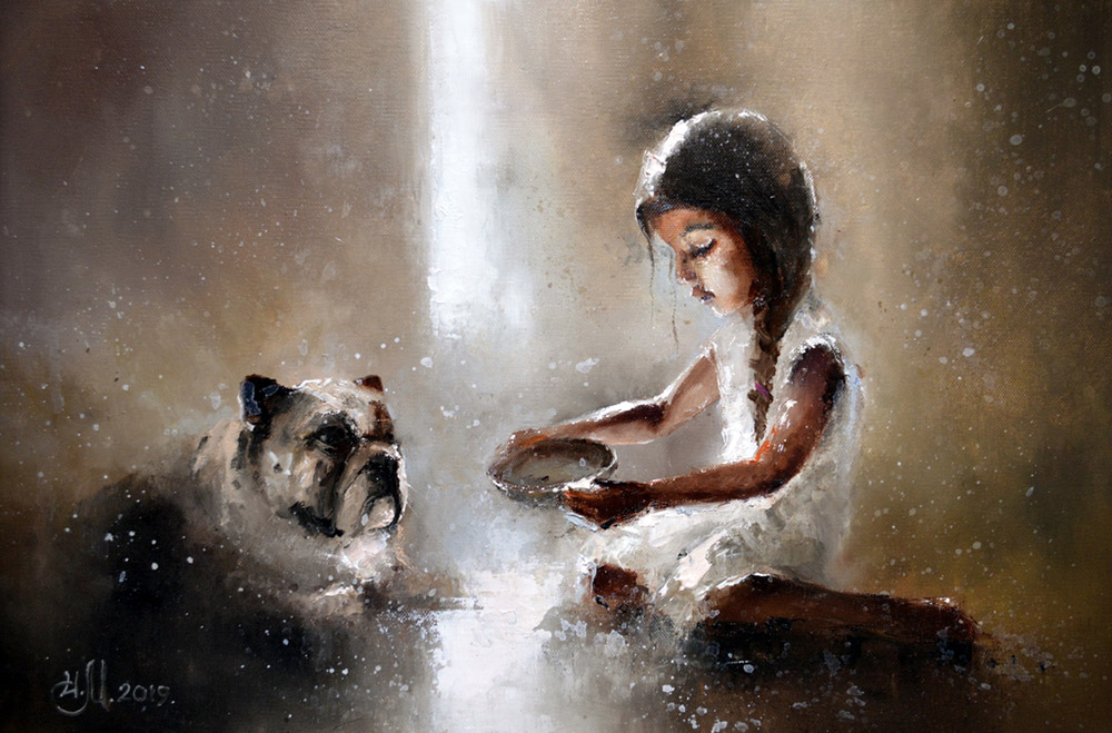 художник  Медведев Игорь, картина Юная Леди с собачкой 