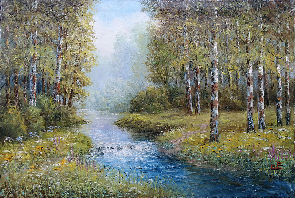  художник  Синев Евгений, картинаБерезы на картине растут вдоль  лесного ручея