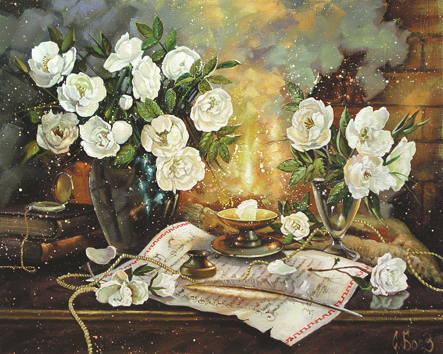  художник  Боев Сергей , картина Натюрморт с цветами и свечой