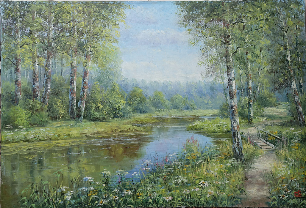  художник  Синев Евгений, картинаНа картине  березы растущие вдоль реки  