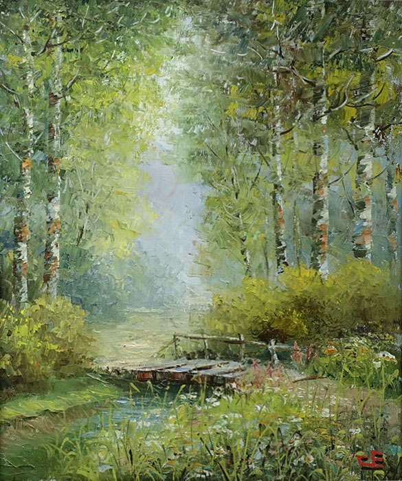  художник  Синев Евгений, картина Мостик в лесу