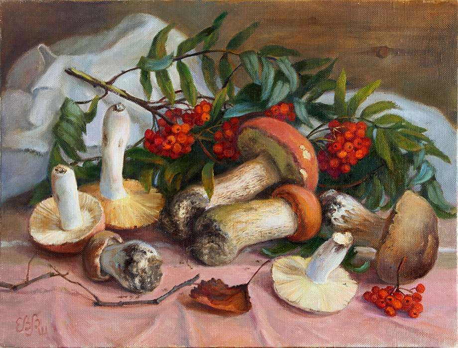  художник  Шумакова Елена, картина Рябина и грибы