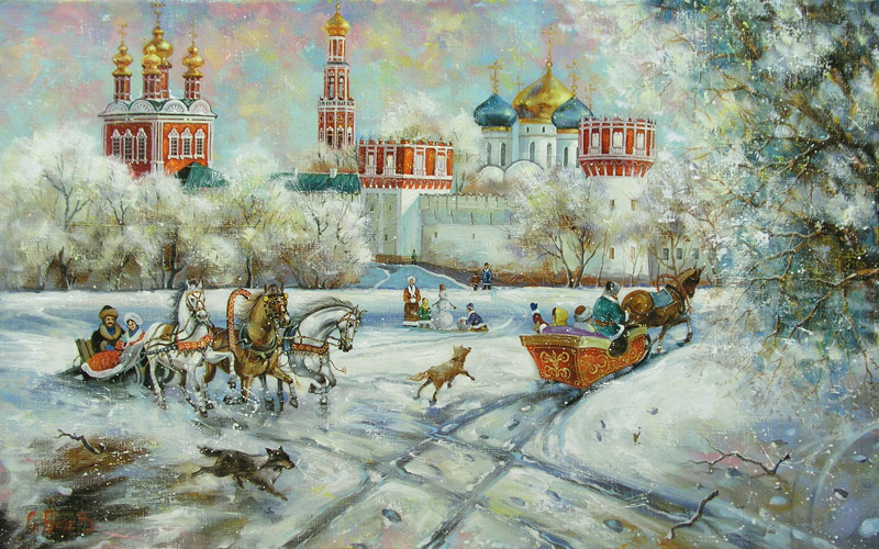  художник  Боев Сергей , картина Воскресные гулянья у Новодевичьего 