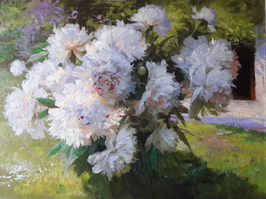  художник  Николаев Юрий, картина Куст пионов в саду
