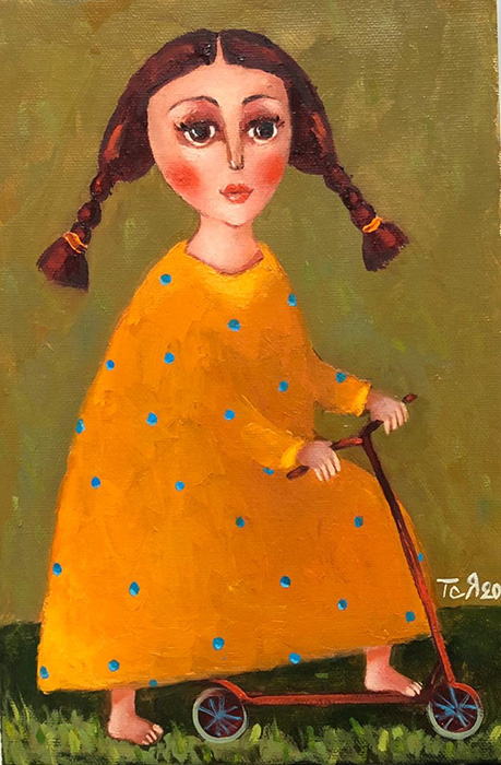  художник  Келехсаева Тея, картина Девочка  на самокате
