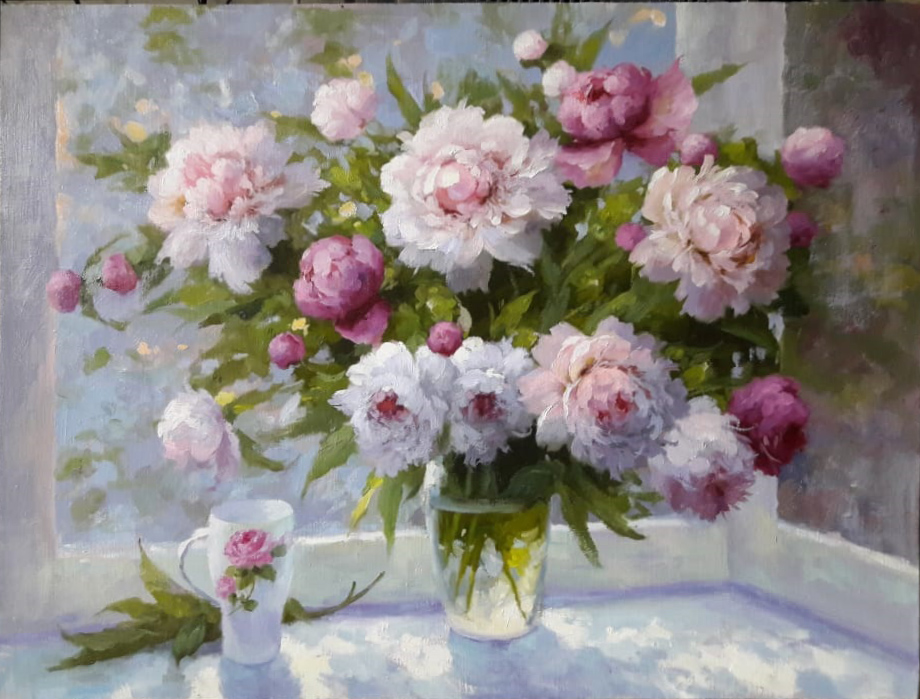  художник  Николаев Юрий, картинаПионы на окне с вазой