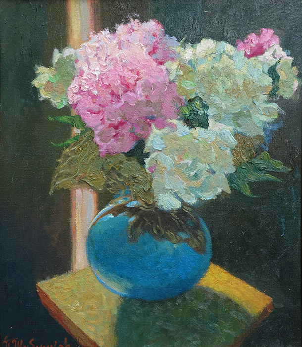  художник  Шубников Павел, картина Пионы в голубой вазе
