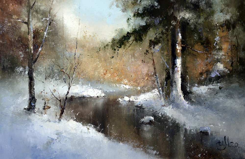  художник  Медведев Игорь, картина Зимний пейзаж с одиноким снегирем