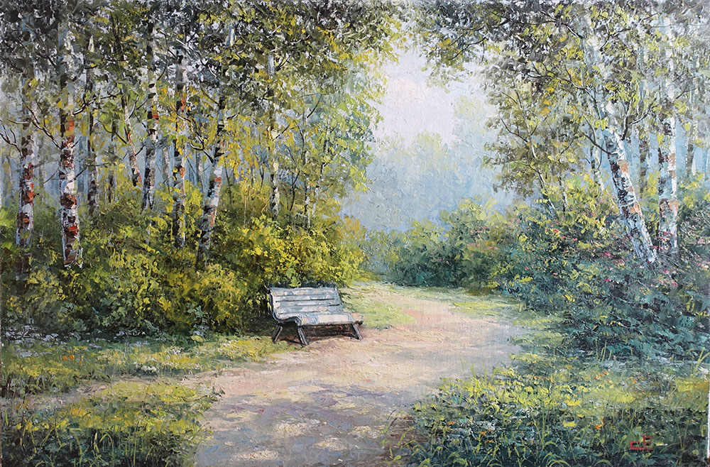  художник  Синев Евгений, картина Лавочка в парке