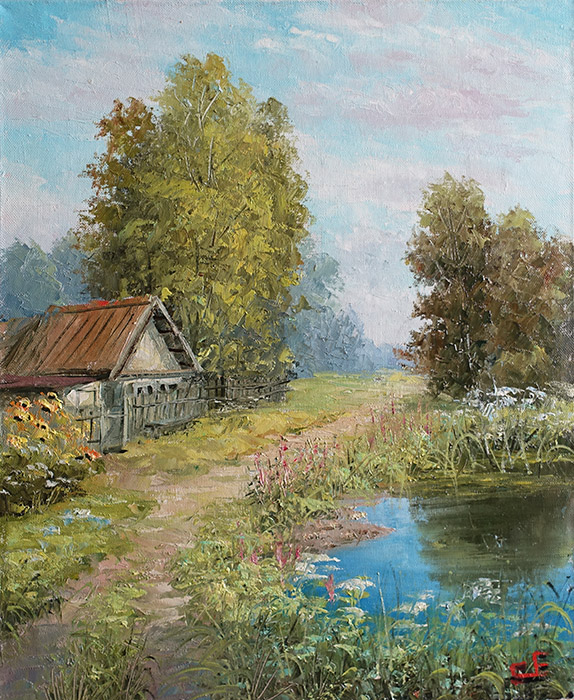  художник  Синев Евгений, картина Домик у пруда