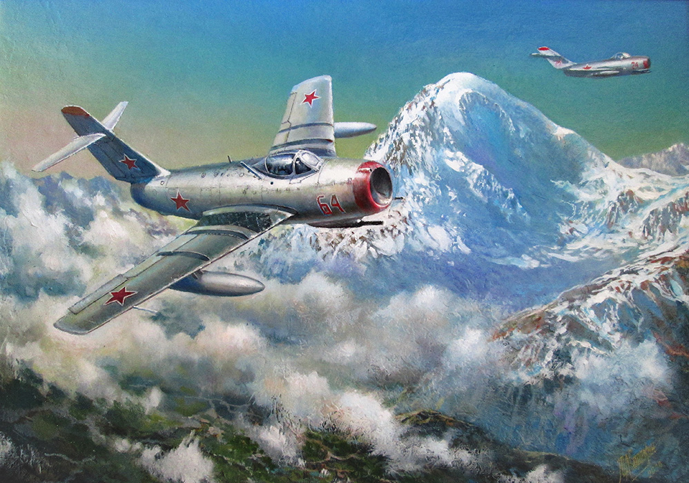  художник  Сорокин Юрий, картина Есть только МИГмежду прошлым и будущим. Самолет МиГ-15бис над Кавказом