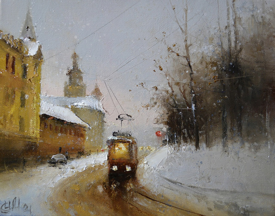  художник  Медведев Игорь, картина Львовский трамвайчик