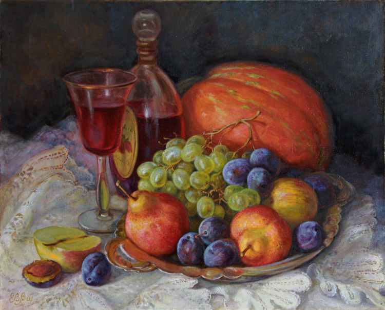  художник  Шумакова Елена, картина Натюрморт с виноградом и вином
