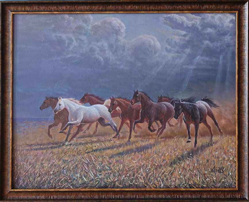  художник  Устемиров  Диас, картинаГроза  в полдень. Лошади