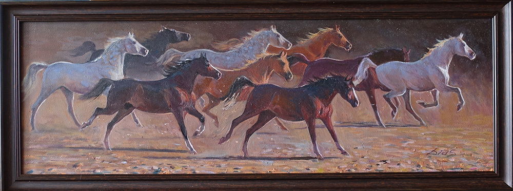  художник  Устемиров  Диас, картинатабун скачущих лошадей
