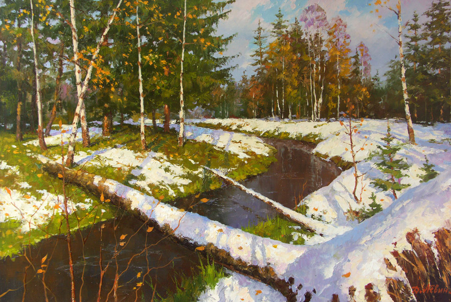  художник  Левин Дмитрий, картина Тает первый снег 