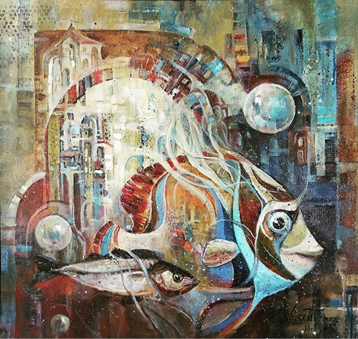  художник  Снежинская Жанна, картина Рыбы в городе