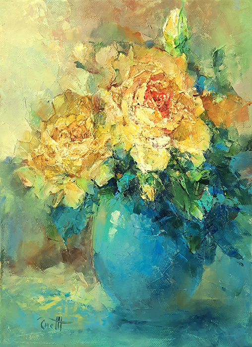  художник  Снежинская Жанна, картина Розы в голубой вазе
