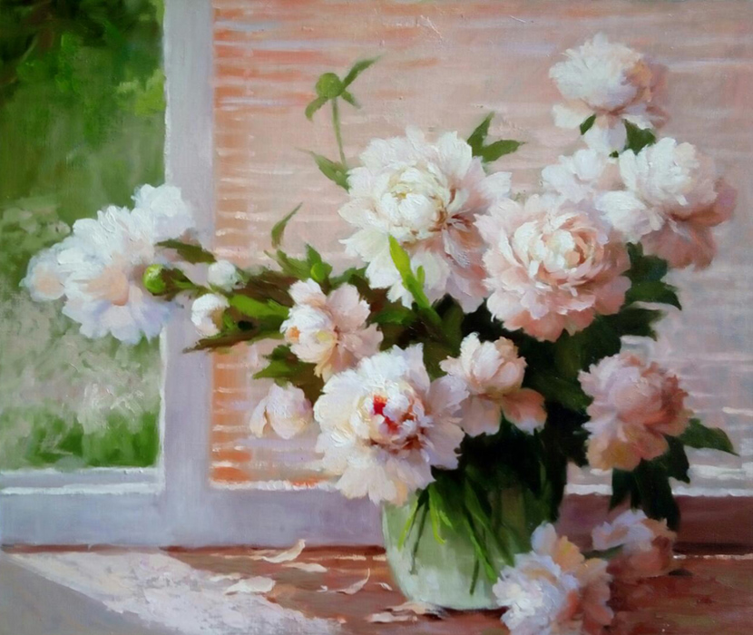  художник  Николаев Юрий, картина Пионы на окне