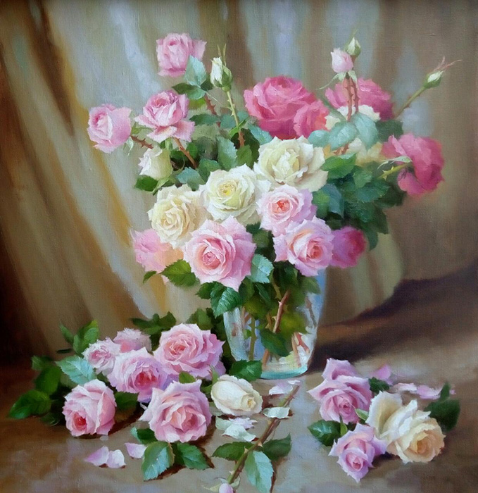  художник  Николаев Юрий, картина Розы в стеклянной вазе