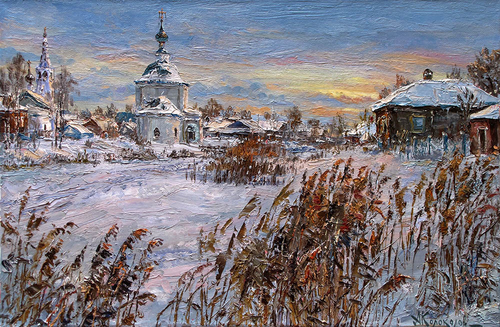  художник  Колоколов Антон, картина Зимний вечер в Суздале
