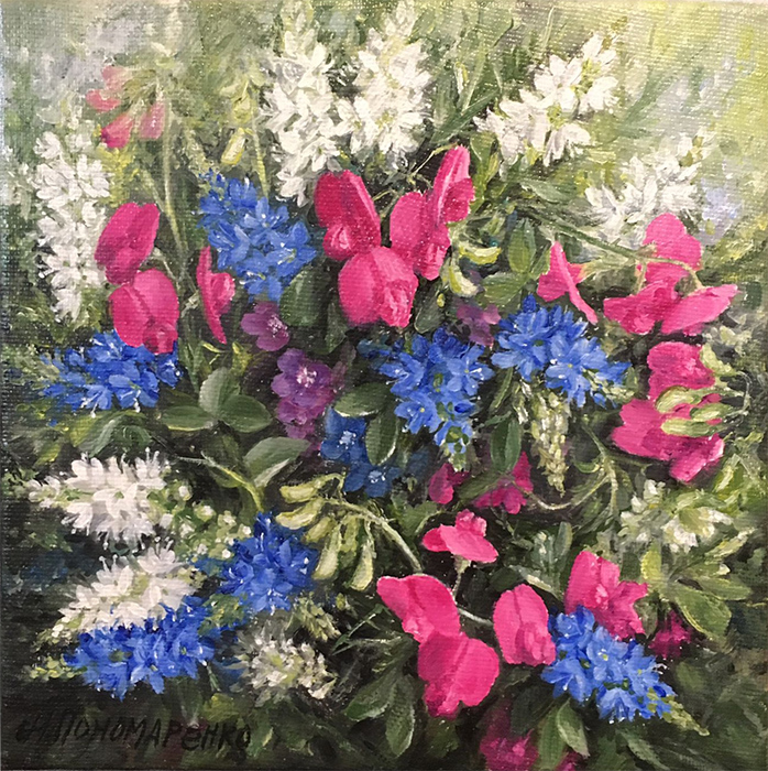  художник  Пономаренко Альфия, картина Полевые цветы с душистым горошком
