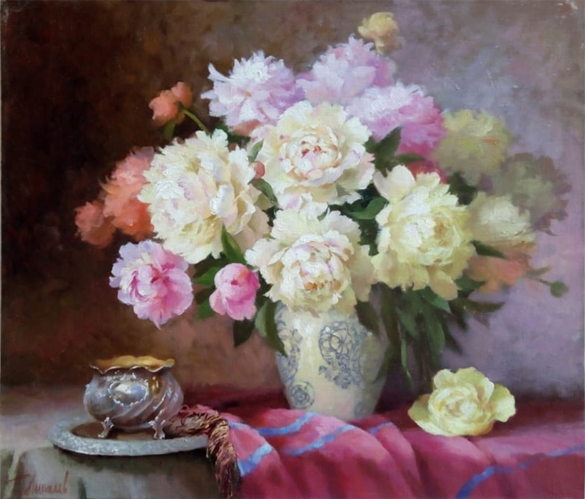  художник  Николаев Юрий, картина Натюрморт с вазой и пионами
