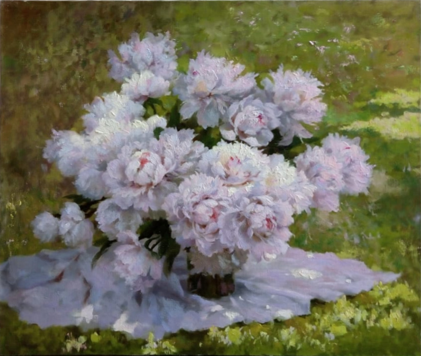  художник  Николаев Юрий, картина Пионы на лужайке
