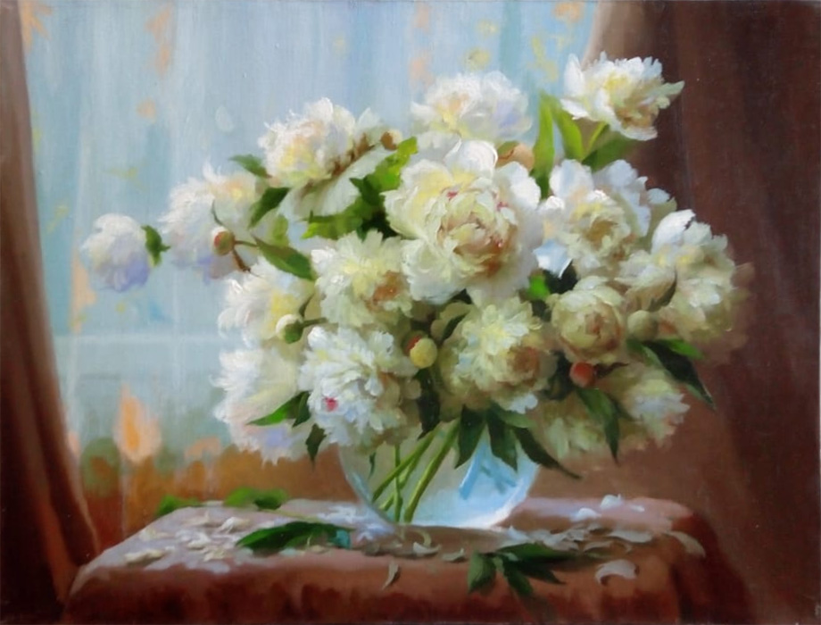  художник  Николаев Юрий, картина Пионы в стеклянной вазе