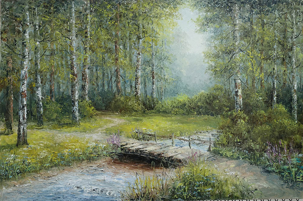  художник  Синев Евгений, картина В березовом лесу