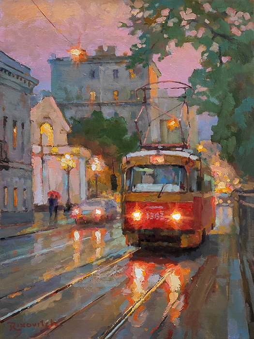  художник  Волков Сергей, картина Красный трамвай у театра Современник