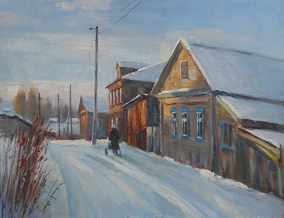  художник  Метинов Алтынбек, картина Зимние утро  в деревне