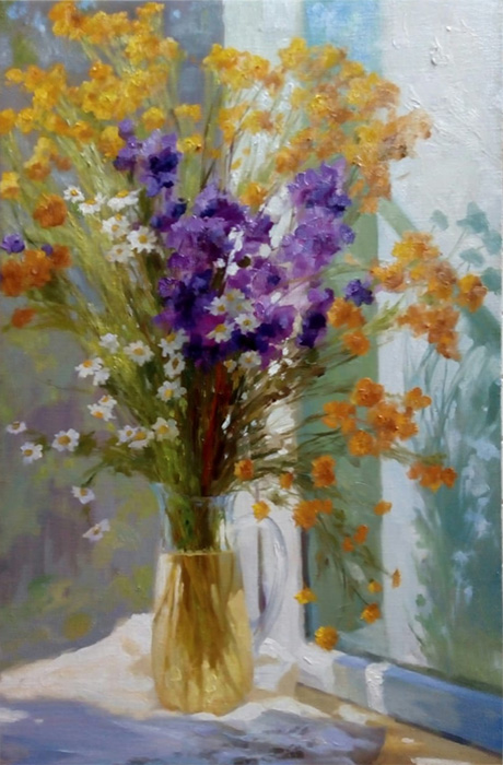  художник  Николаев Юрий, картина Полевые цветы на окне