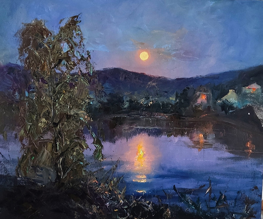  художник  Третьяков Роман, картина Восход луны над озером. Ширяево
