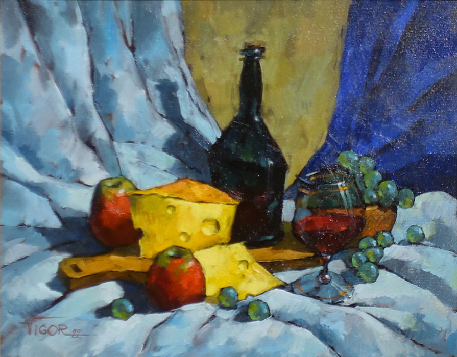 художник  Володькин Игорь, картина Натюрморт с сыром и вином