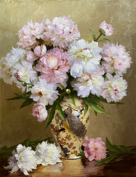  художник  Николаев Юрий, картина Белые пионы в китайской вазе