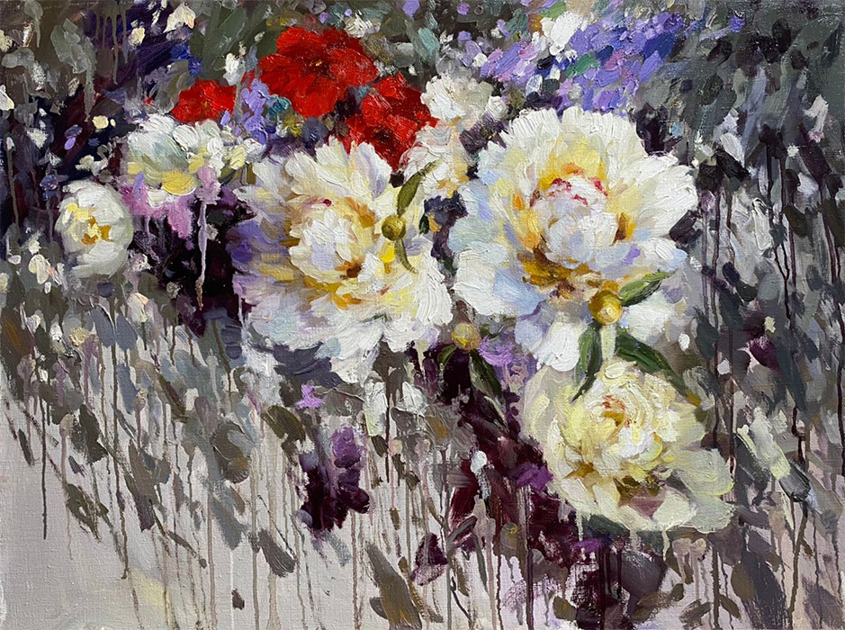 художник  Николаев Юрий, картинаПионы с красными цветами