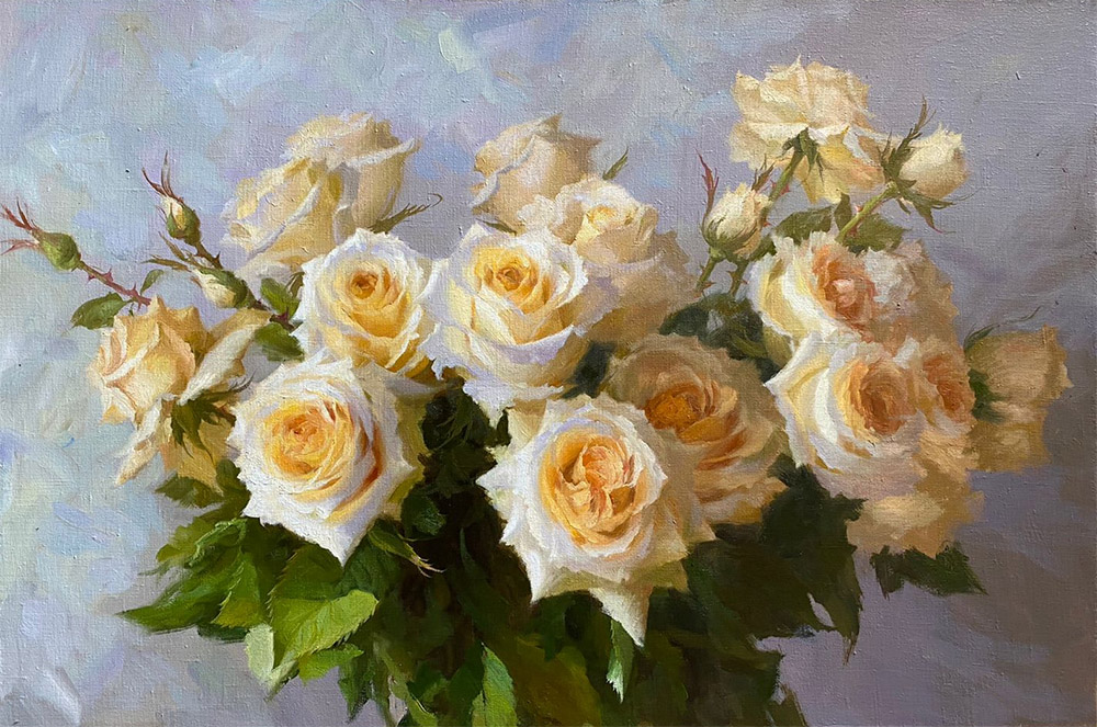  художник  Николаев Юрий, картинаЧайные розы на голубом фоне