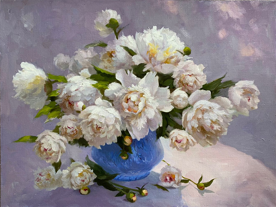  художник  Николаев Юрий, картинаПионы в голубой стеклянной вазе
