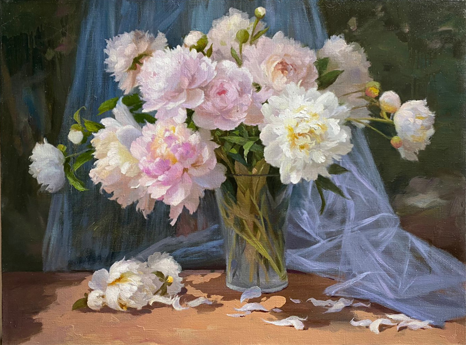  художник  Николаев Юрий, картина Былые и розовые пионы